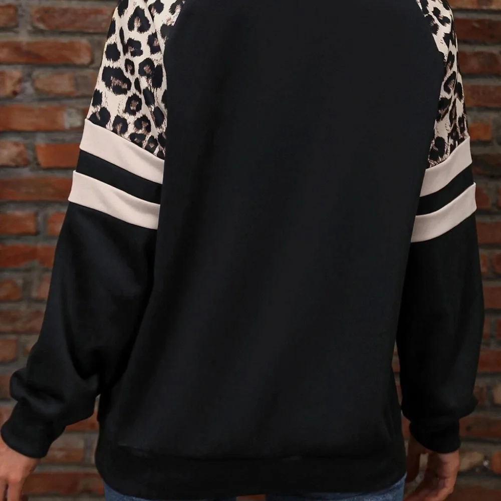 1 MEDIUM LEFT!!! Black Leopard Print Colorblock Raglan Sleeve Sweatshirt - Picture 3 of 14